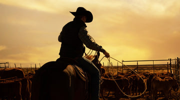 A man riding a horse in a cattle pen while swinging a lasso in the air to rope a calf. More cattle stand behind the rider.