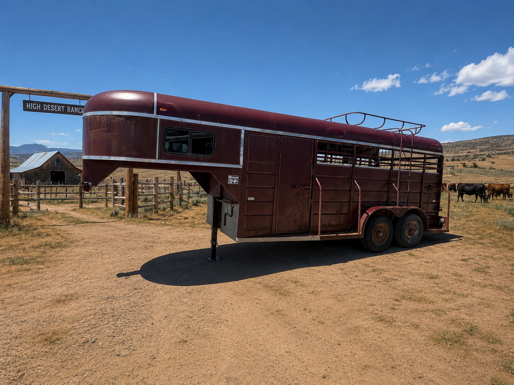 red gooseneck horse trailer with visible rust parked on dirt ranch with fencing and mountains in background.