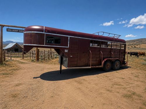 red gooseneck horse trailer with visible rust parked on dirt ranch with fencing and mountains in background.