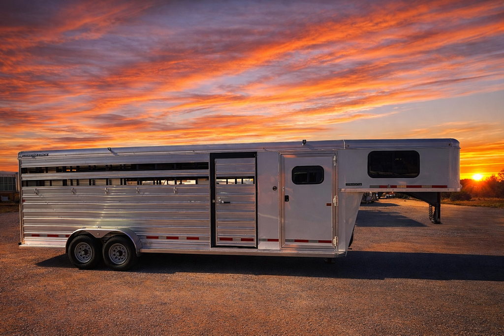 2021 Exiss 7HXHXH livestock trailer featured at Frontier Trailers & Roping Supply, designed for efficient livestock transport.
