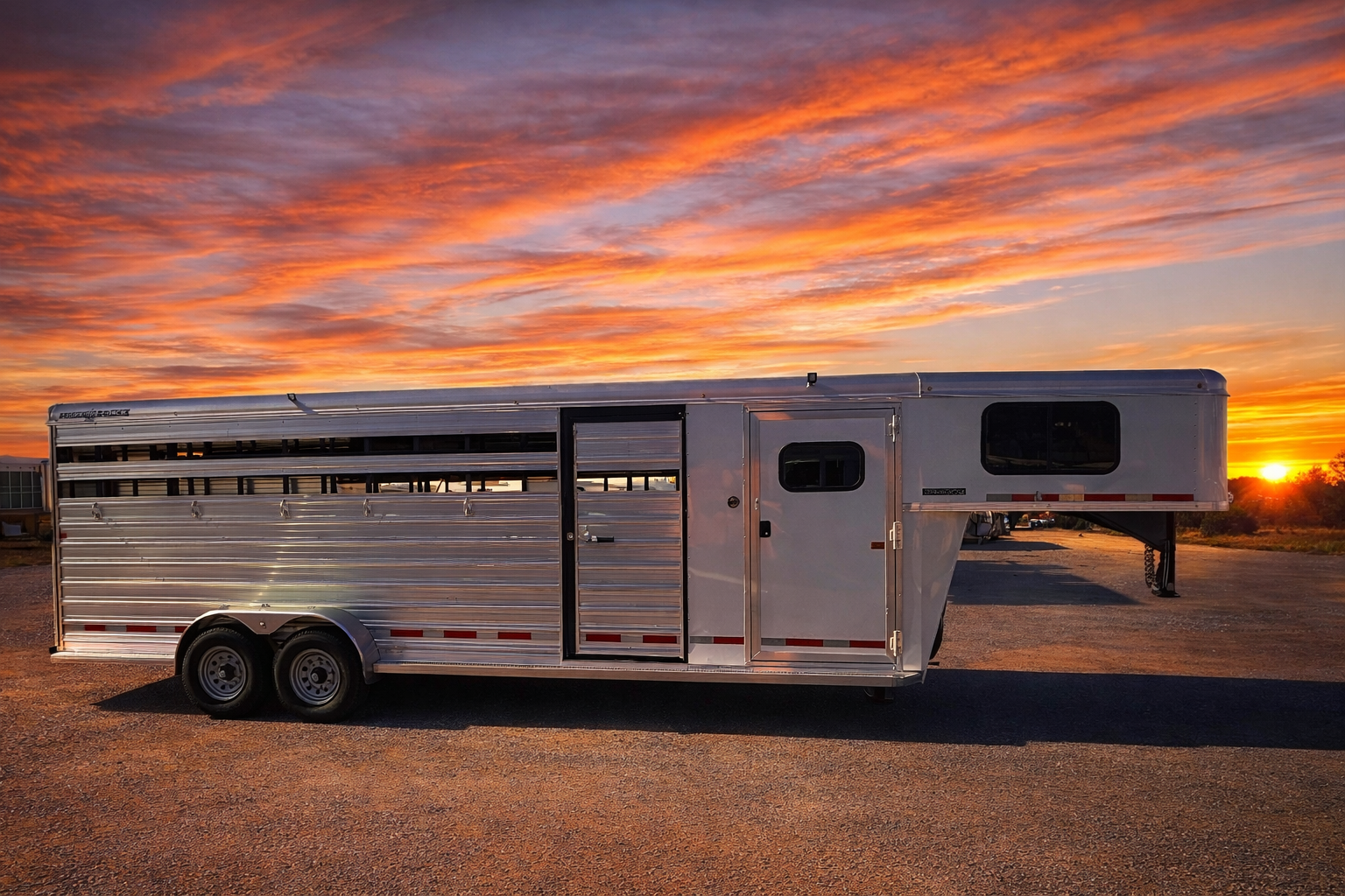2021 Exiss 7HXHXH livestock trailer featured at Frontier Trailers & Roping Supply, designed for efficient livestock transport.