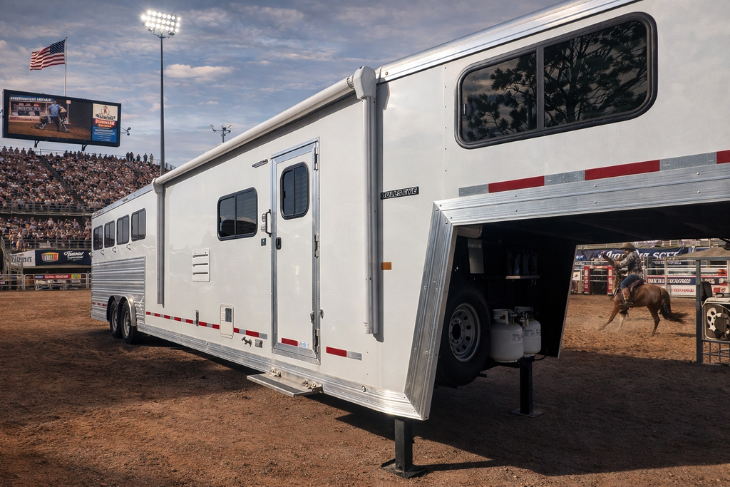 A horse trailer from Frontier Trailers & Roping Supply parked in front of a stadium, ready for an event.
