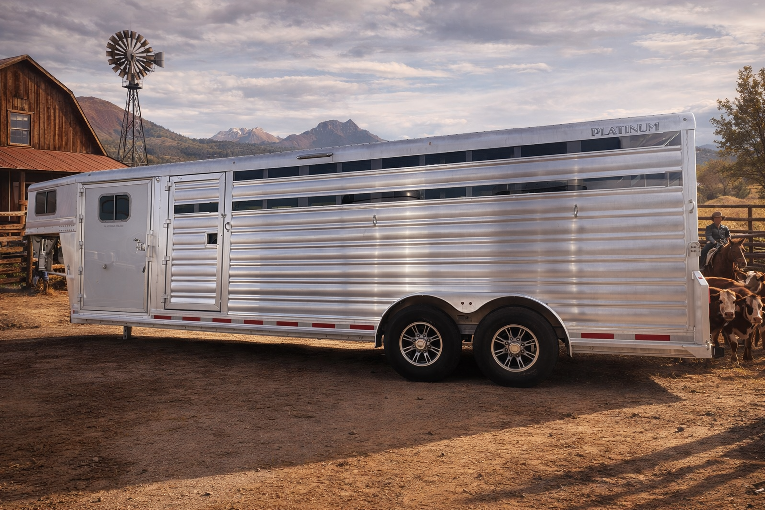2020 Exiss 24' x 16' livestock trailer displayed at Frontier Trailers & Roping Supply, showcasing its sturdy design.