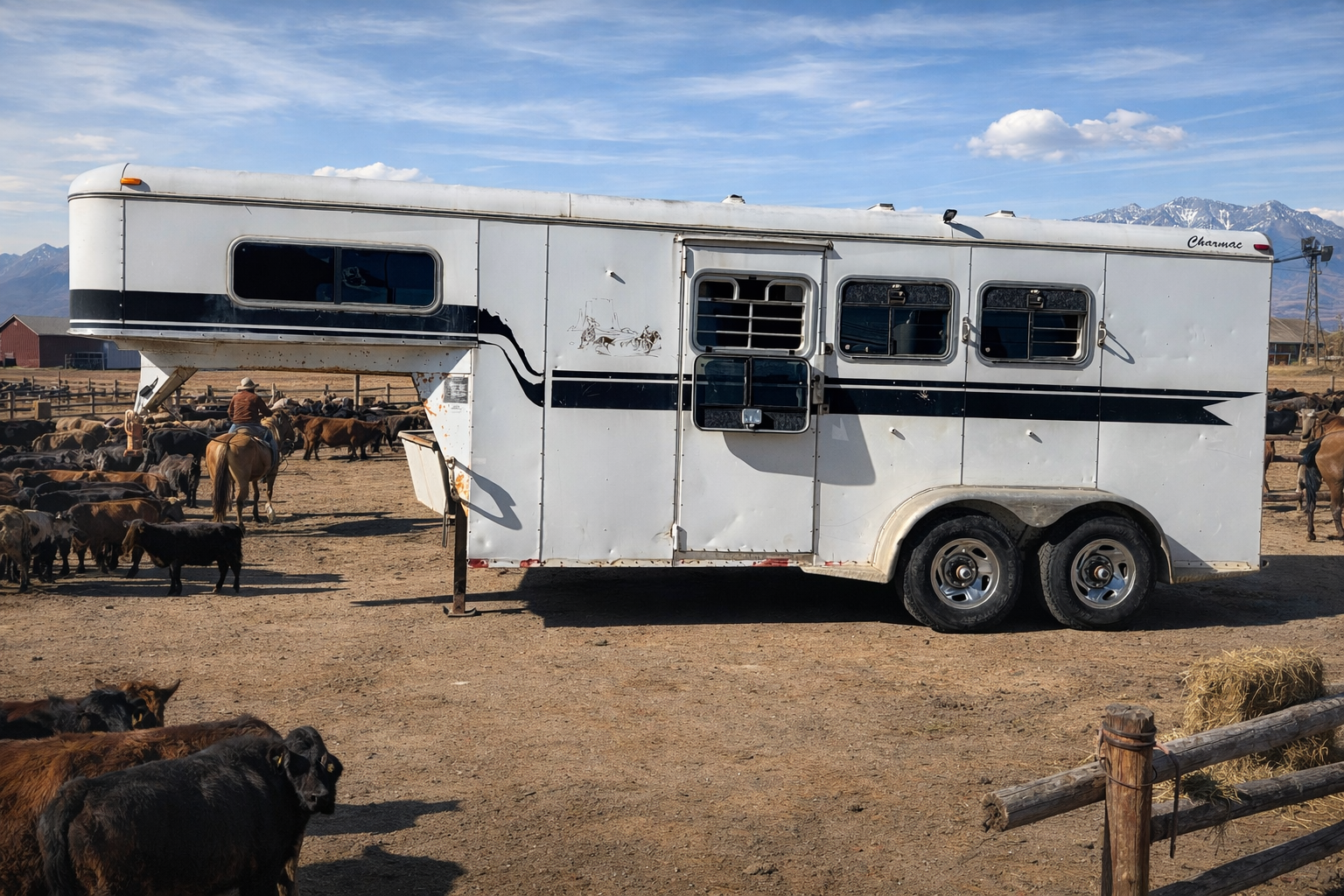 A horse trailer with a cow in the background, featuring the Frontier Trailers & Roping Supply logo.