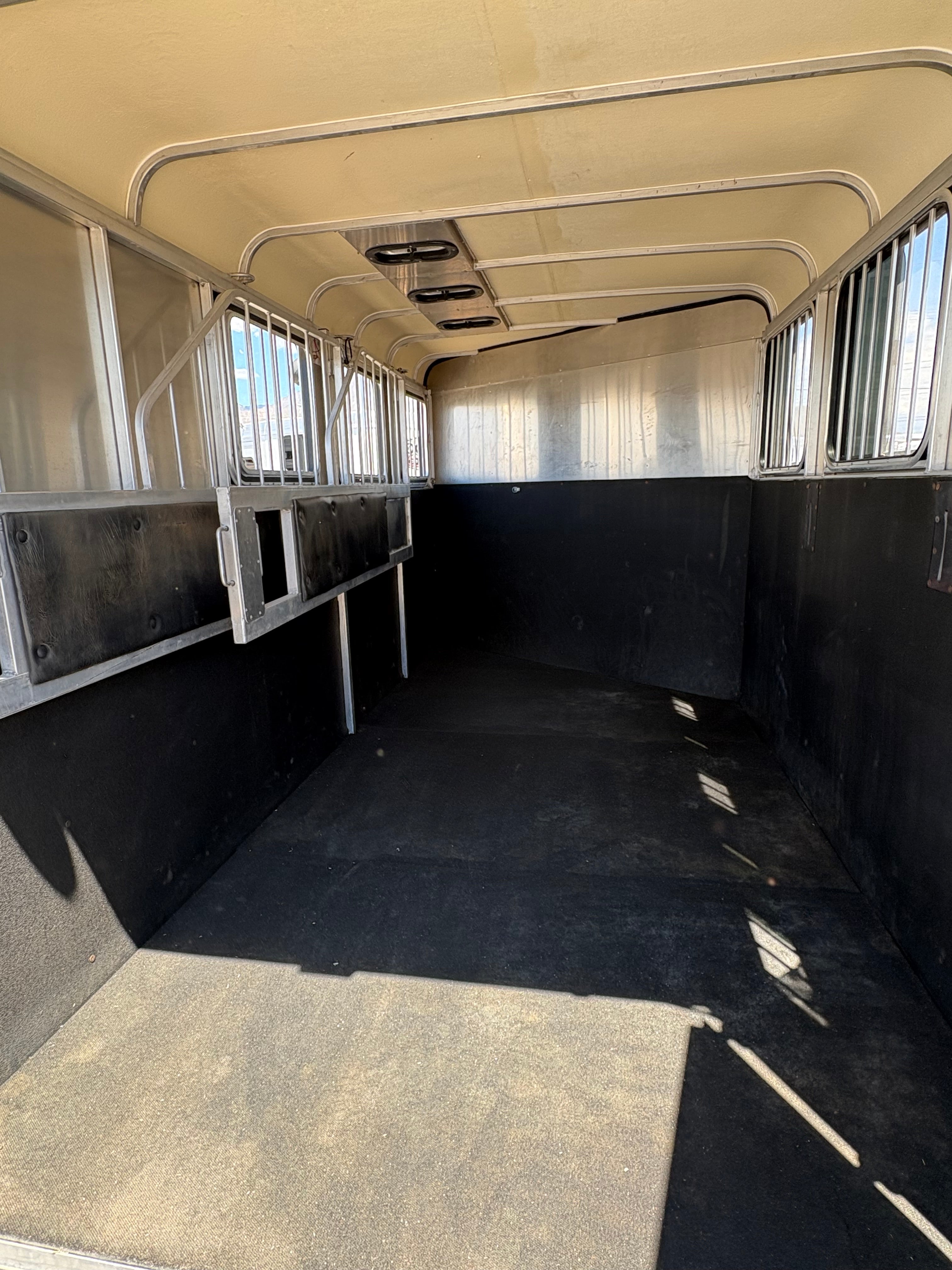 Interior of 2013 Royal T 3 horse trailer showing padded stall divider and aluminum walls.