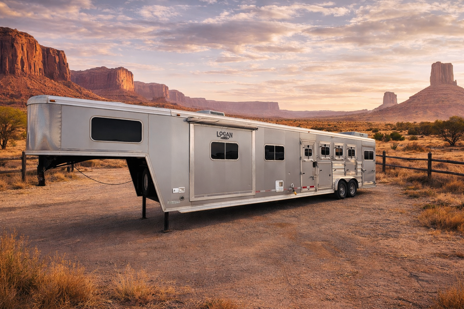 A horse trailer from Frontier Trailers parked in the desert, with mountains rising in the background under a clear sky.