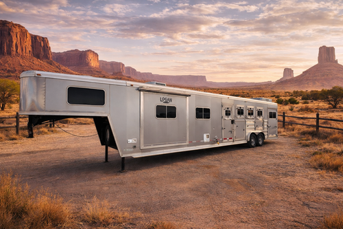 A horse trailer from Frontier Trailers parked in the desert, with mountains rising in the background under a clear sky.