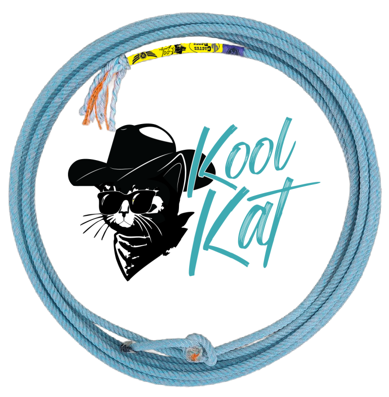 Blue rope displaying the Kool Kat logo, part of Frontier Trailers & Roping Supply branding.